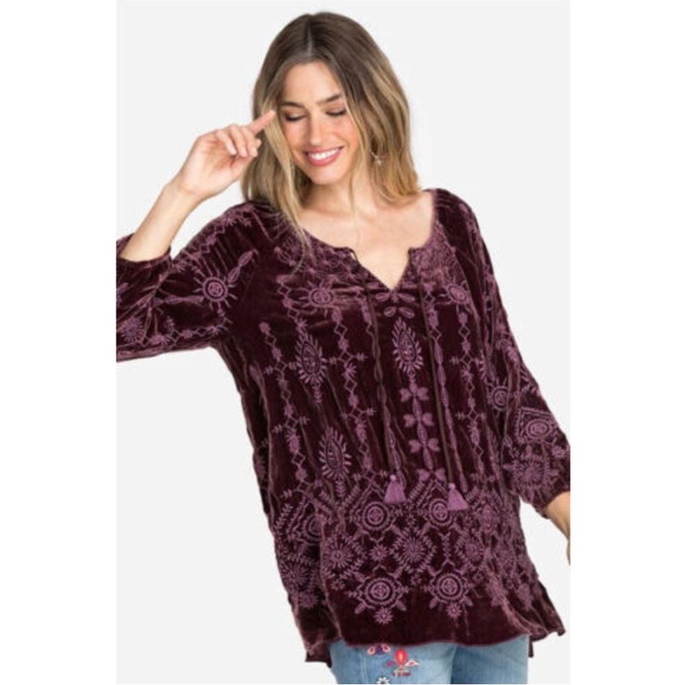 Johnny Was Althea Embroidered Peasant Blouse Amethyst Crushed Velvet Like New!